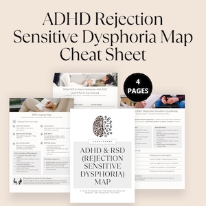 May include: A collection of four informational pages titled "ADHD Rejection Sensitive Dysphoria Map Cheat Sheet." The pages include text and graphics, with the main title in large, bold font. The pages are designed to help with RSD.