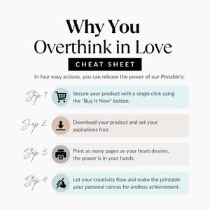 May include: A white printable titled "Why You Overthink in Love" with a "Cheat Sheet" subtitle. The steps include buying, downloading, printing, and creating. The text is in black, with pastel-colored boxes for each step.