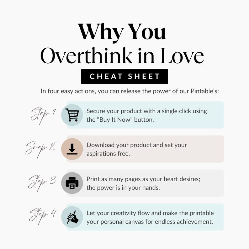 May include: A white printable titled "Why You Overthink in Love" with a "Cheat Sheet" subtitle. The steps include buying, downloading, printing, and creating. The text is in black, with pastel-colored boxes for each step.