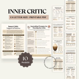 Peut inclure: Un ensemble de 10 pages PDF imprimables intitulées Inner Critic, comprenant des documents au format lettre US avec des invites de journalisation, l'identification des déclencheurs et des modèles. Palette de couleurs neutres.