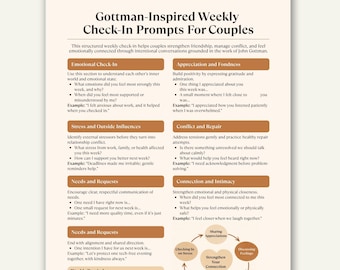Puede incluir: Un documento beige y blanco titulado "Gottman-Inspired Weekly Check-In Prompts For Couples". El documento es una guía para que las parejas fortalezcan su relación a través de controles semanales, con secciones sobre control emocional, aprecio y resolución de conflictos.
