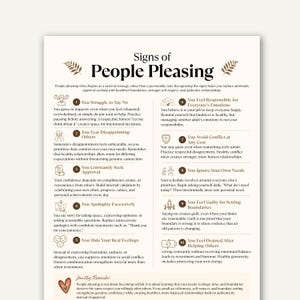 May include: A beige educational poster titled Signs of People Pleasing with dark brown text and ten numbered points. Each point includes a small icon and a description of behaviors like struggling to say no, seeking approval, and ignoring needs.