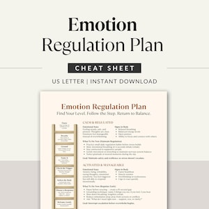 K&ouml;nnte beinhalten: Ein druckbares "Emotion Regulation Plan" Cheat Sheet. Das Dokument ist ein Leitfaden zur Bew&auml;ltigung von Emotionen, mit Abschnitten zum Beruhigen und Regulieren sowie was zu tun ist, um die Regulierung aufrechtzuerhalten. Der Text "US LETTER | INSTANT DOWNLOAD" ist enthalten.