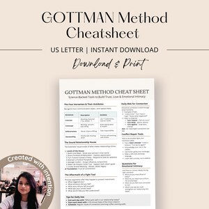 Op de afbeelding: Een witte Gottman Method Cheatsheet met zwarte tekst, met tools voor het opbouwen van vertrouwen en intimiteit. Het document bevat secties over communicatiestijlen, dagelijkse biedingen voor verbinding en tools voor conflictbeheersing. De woorden "Download & Print" zijn zichtbaar.