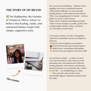 Puede incluir: Una p&aacute;gina de historia de marca titulada THE STORY OF MY BRAND con texto sobre Trauma to Thrive, una foto de una persona y una foto de una mano usando un l&aacute;piz &oacute;ptico en una tableta. El texto detalla una misi&oacute;n de recursos imprimibles.