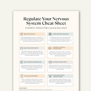May include: A white information sheet titled "Regulate Your Nervous System Cheat Sheet" with eight tools for calm and balance. The sheet includes text and icons describing techniques like breathwork and sensory grounding for stress management.
