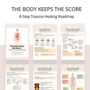 Op de afbeelding: Een verzameling informatieve kaarten getiteld "The Body Keeps the Score" en "8-Step Trauma Healing Roadmap". De kaarten bevatten tekst, diagrammen en illustraties over trauma genezing, waaronder een lichaamsdiagram en verkeerslichtbeelden.