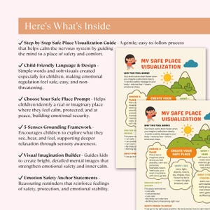 Puede incluir: Una gu&iacute;a titulada "Here's What's Inside" con texto e ilustraciones. La gu&iacute;a incluye pasos para la visualizaci&oacute;n de un lugar seguro, lenguaje amigable para los ni&ntilde;os y indicaciones para crear un espacio seguro. Tambi&eacute;n presenta un marco de anclaje de los 5 sentidos.