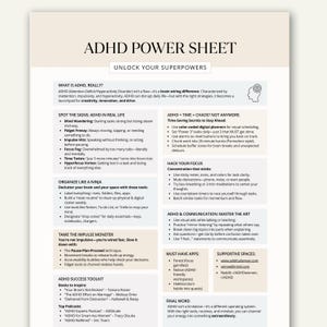 May include: ADHD Power Sheet with the title "UNLOCK YOUR SUPERPOWERS". The sheet includes tips on managing ADHD, such as organizing, focusing, and communication strategies. It also lists helpful apps, books, podcasts, and supportive spaces.