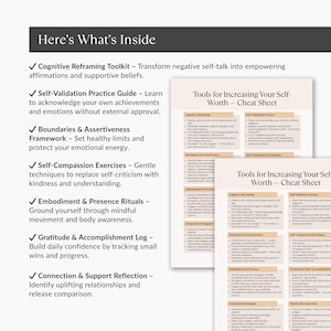 Here’s What’s Inside page showcasing benefits of the Self-Worth Cheat Sheet such as cognitive reframing, boundaries, and gratitude log — clean modern layout for Etsy product preview.