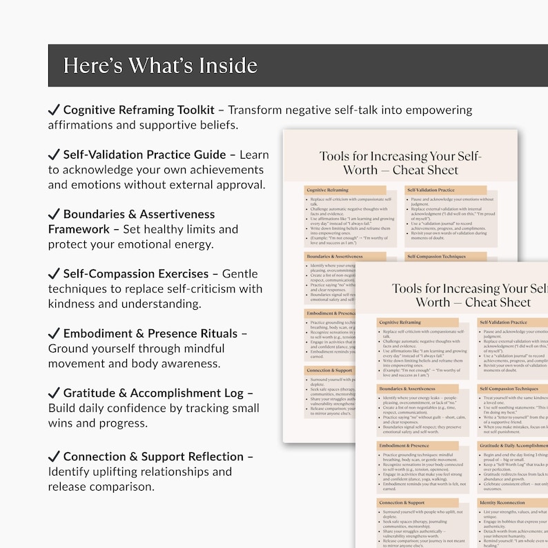 Here’s What’s Inside page showcasing benefits of the Self-Worth Cheat Sheet such as cognitive reframing, boundaries, and gratitude log — clean modern layout for Etsy product preview.