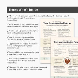 Puede incluir: Documento blanco con el t&iacute;tulo "Toxic Communication Patterns" del m&eacute;todo Gottman. Enumera puntos clave sobre la comunicaci&oacute;n, incluyendo "Cr&iacute;tica", "Desprecio" y "Defensividad". El texto "Here's What's Inside" se encuentra en la parte superior.