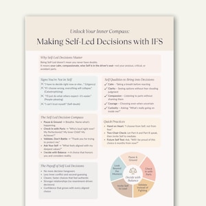May include: A cream-colored infographic with the title "Unlock Your Inner Compass: Making Self-Led Decisions with IFS." The text is organized into sections on self-led decisions, qualities, and practices, with bullet points and checkmarks.