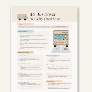 May include: An "IFS Bus Driver Activity Cheat Sheet" with a bus graphic. The guide outlines steps for self-regulation using Internal Family Systems (IFS) principles. It includes core principles, a step-by-step guide, and key reminders for managing inner parts.