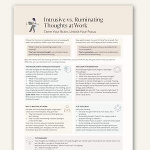 May include: A white and beige informational graphic titled "Intrusive vs. Ruminating Thoughts at Work." The text describes intrusive thoughts and rumination, offering strategies to manage them. A person is shown working on a laptop.
