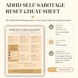 Op de afbeelding: Een digitale PDF-gids getiteld ADHD Self-Sabotage Reset, met zeven patronen en eenvoudige oplossingen, een onderbrekingsproces in drie stappen en snelle regels. Het document heeft het US letter-formaat, 21,59 bij 27,94 cm.
