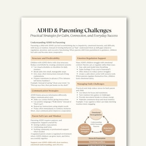 Könnte beinhalten: Eine gedruckte Seite mit dem Titel "ADHS & Erziehungsherausforderungen" und Unterüberschriften, die Strategien für Ruhe, Verbindung und Erfolg im Alltag detailliert. Der Text behandelt das Verständnis von ADHS, Struktur, Emotionsregulation und Kommunikationsstrategien.