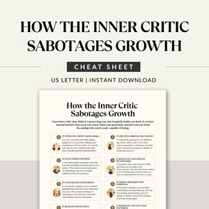 Puede incluir: Una hoja de trucos digital titulada How the Inner Critic Sabotages Growth, en formato US Letter. El documento presenta un t&iacute;tulo central y ocho secciones numeradas con texto descriptivo y peque&ntilde;os iconos que explican las barreras mentales.