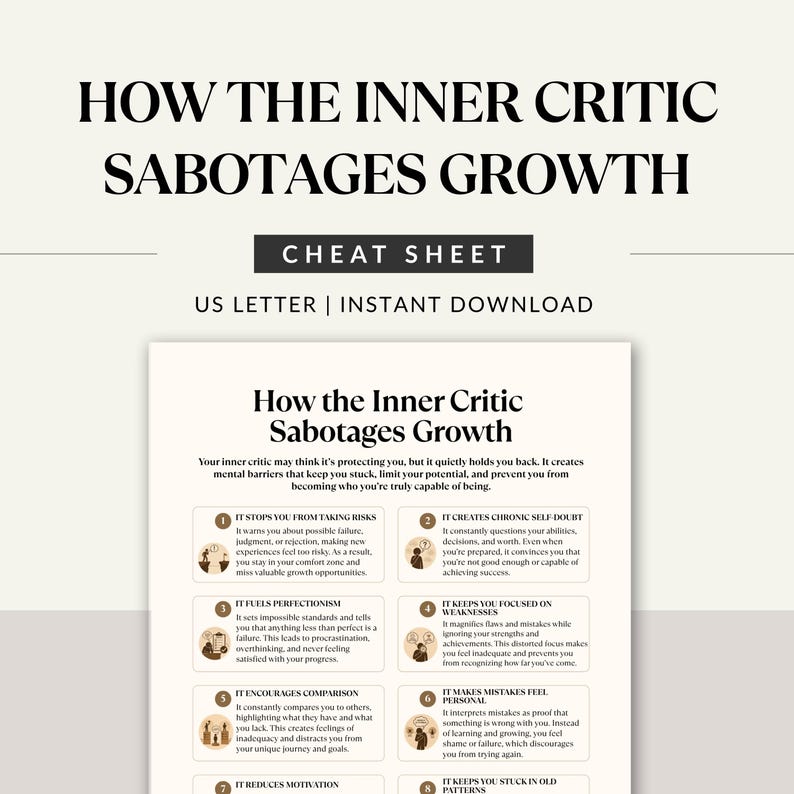 Puede incluir: Una hoja de trucos digital titulada How the Inner Critic Sabotages Growth, en formato US Letter. El documento presenta un t&iacute;tulo central y ocho secciones numeradas con texto descriptivo y peque&ntilde;os iconos que explican las barreras mentales.
