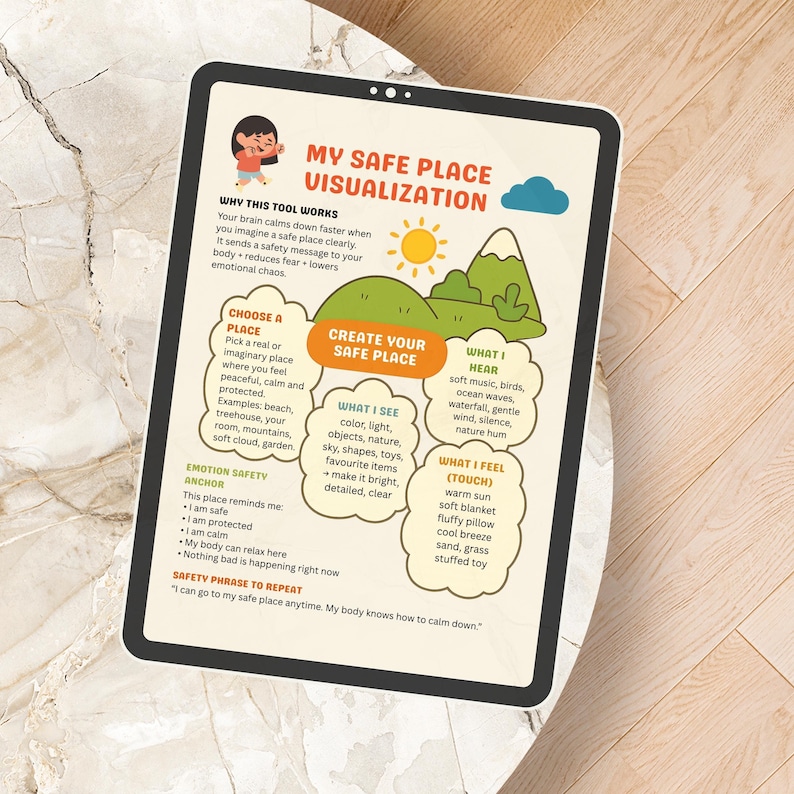Puede incluir: Una tableta digital muestra una infograf&iacute;a colorida titulada "My Safe Place Visualization". El gr&aacute;fico incluye ilustraciones de un sol, monta&ntilde;as y nubes, junto con texto que describe c&oacute;mo crear un lugar seguro.