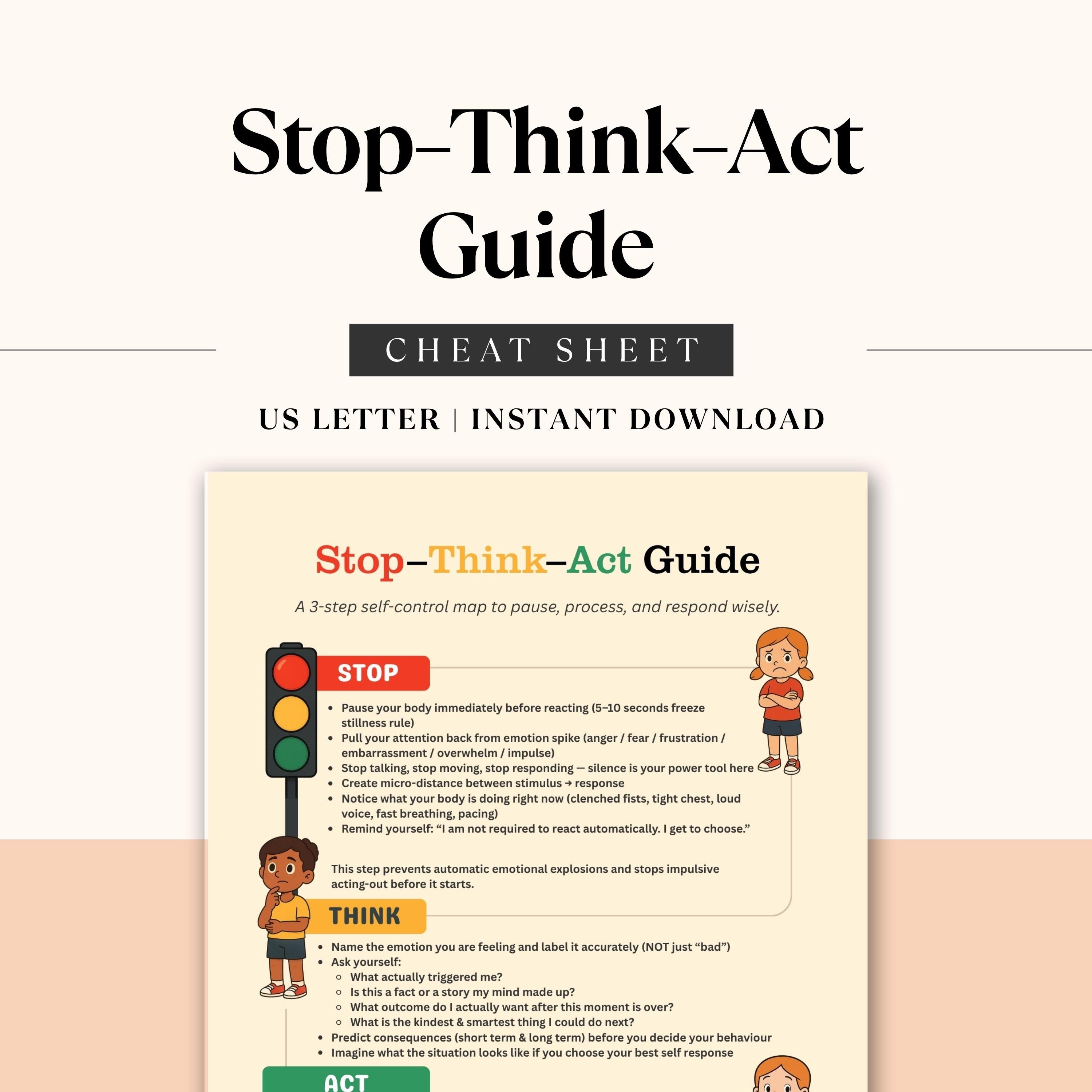 Stop Think Act Guide, Emotional Regulation and Self Control Chart for ...