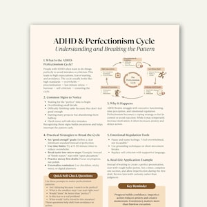 以下が含まれることがあります： 「ADHD & Perfectionism Cycle」と題された白い紙で、テキストと図が含まれています。このドキュメントは、目標設定、時間制限の使用、自己思いやりを実践するなど、完璧主義を打ち破るための戦略を概説しています。