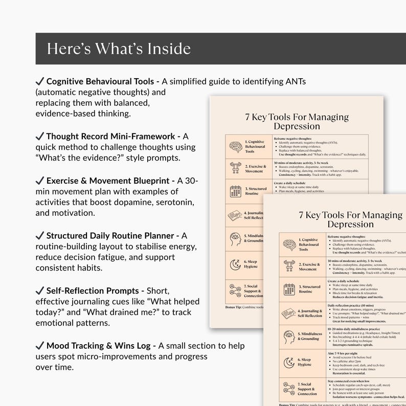 Inside preview of Depression Tools cheat sheet showing CBT thought reframing, routine planner, self-reflection prompts, exercise guide, and mood tracking highlights.