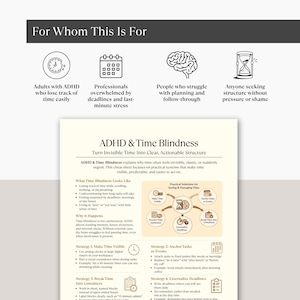 May include: A white and beige infographic titled "ADHD & Time Blindness" with text and diagrams. It offers strategies for managing time, including making time visible and breaking tasks into containers. The infographic is aimed at adults with ADHD, professionals, and those struggling with planning.