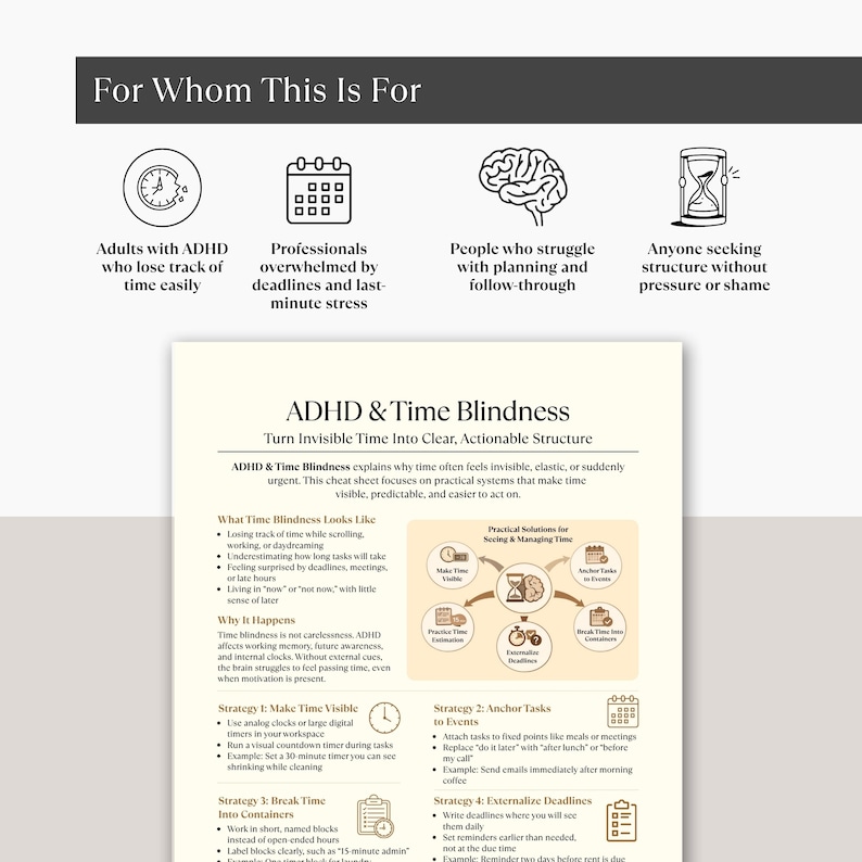 May include: A white and beige infographic titled "ADHD & Time Blindness" with text and diagrams. It offers strategies for managing time, including making time visible and breaking tasks into containers. The infographic is aimed at adults with ADHD, professionals, and those struggling with planning.