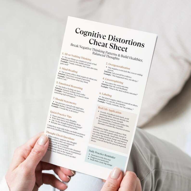 Cognitive Distortions Cheat Sheet Printable, CBT Worksheet, Mental Health, Thought Reframing PDF image 6
