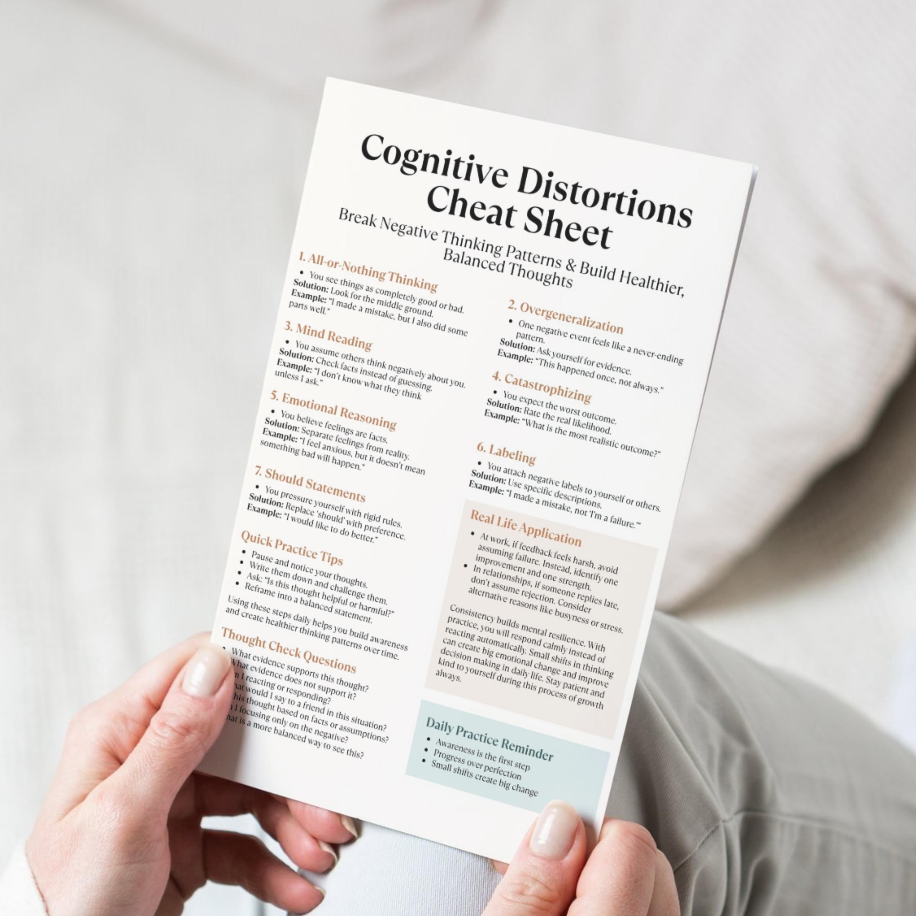 Cognitive Distortions Cheat Sheet Printable, CBT Worksheet, Mental ...