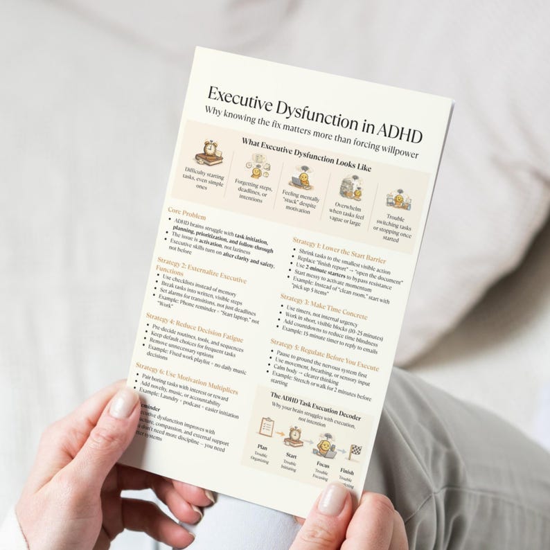 May include: A printed card titled "Executive Dysfunction in ADHD" held by a person. The card features text and graphics explaining ADHD and strategies for managing it. The card's design includes headings, bullet points, and illustrations.