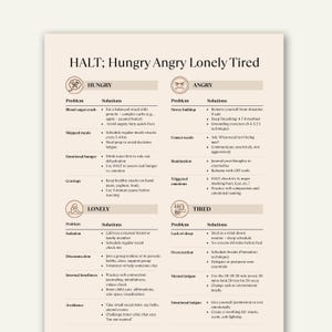 May include: A beige infographic titled "HALT; Hungry Angry Lonely Tired" with sections on problems and solutions for each emotion. The text is in a sans-serif font. The infographic includes icons and bullet points for each problem and solution.