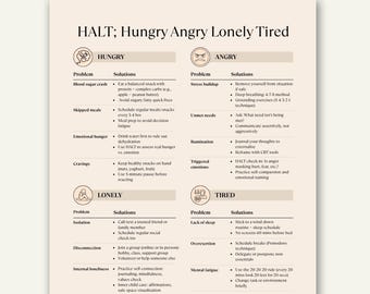 HALT Emotional Regulation Printable, Stress Relief and Self-Care Tool, Coping Skills Guide