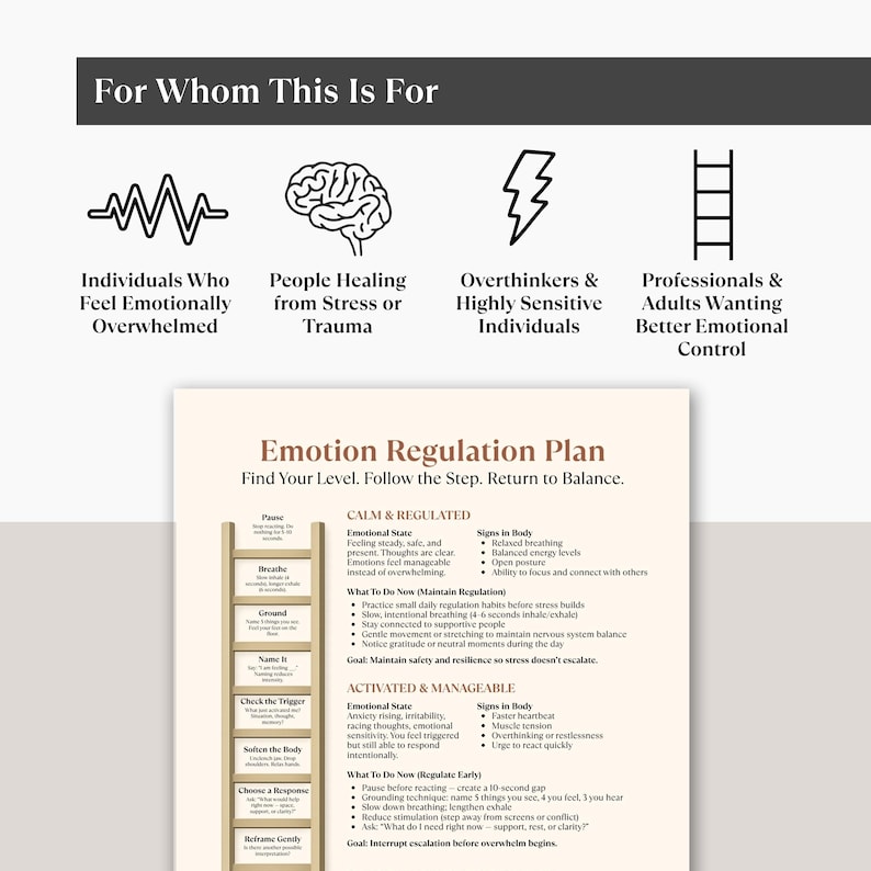 K&ouml;nnte beinhalten: Ein Emotionsregulierungsplan mit dem Titel "Emotion Regulation Plan" und dem Text "Find Your Level. Follow the Step. Return to Balance." Er richtet sich an emotional &uuml;berforderte Personen, Menschen in Therapie und Fachleute, die ihre Emotionen besser regulieren wollen.