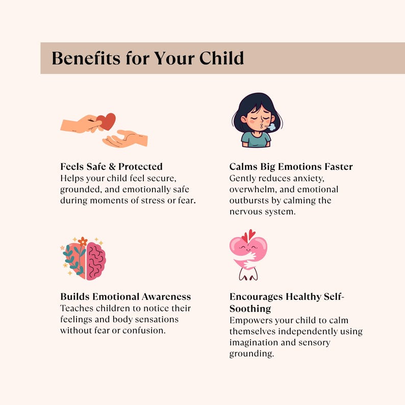 Puede incluir: Gr&aacute;fico ilustrado con el texto "Beneficios para tu hijo". El gr&aacute;fico incluye ilustraciones y texto que describe c&oacute;mo el producto ayuda a los ni&ntilde;os a sentirse seguros, calmar las emociones fuertes, desarrollar la conciencia emocional y fomentar la autocalma saludable.