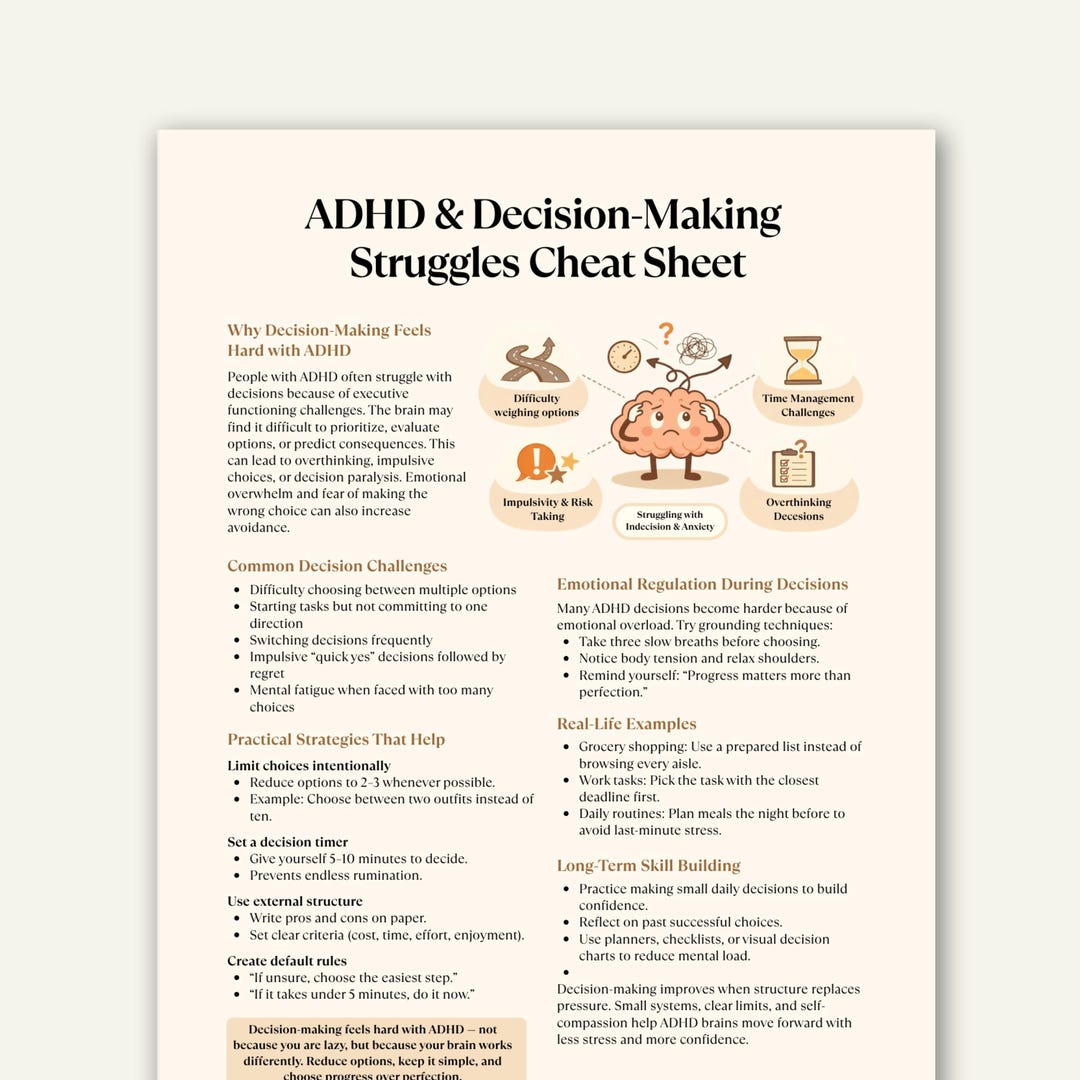 ADHD Decision-making Cheat Sheet Printable, Executive Function and ...