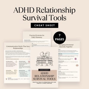 Puede incluir: Una hoja de trucos titulada "ADHD Relationship Survival Tools" con el texto "Herramientas prácticas para fortalecer el amor, facilitar el conflicto y prosperar juntos". La imagen incluye siete páginas de consejos de relación.