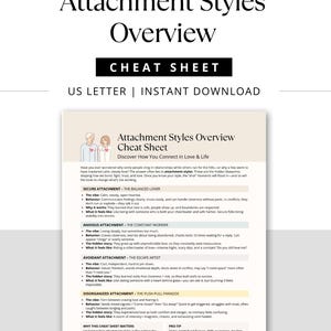 Modern product mockup featuring the title “Attachment Styles Overview Cheat Sheet” in bold black font with subtitle “US Letter | Instant Download” and a preview of the one-page PDF below.