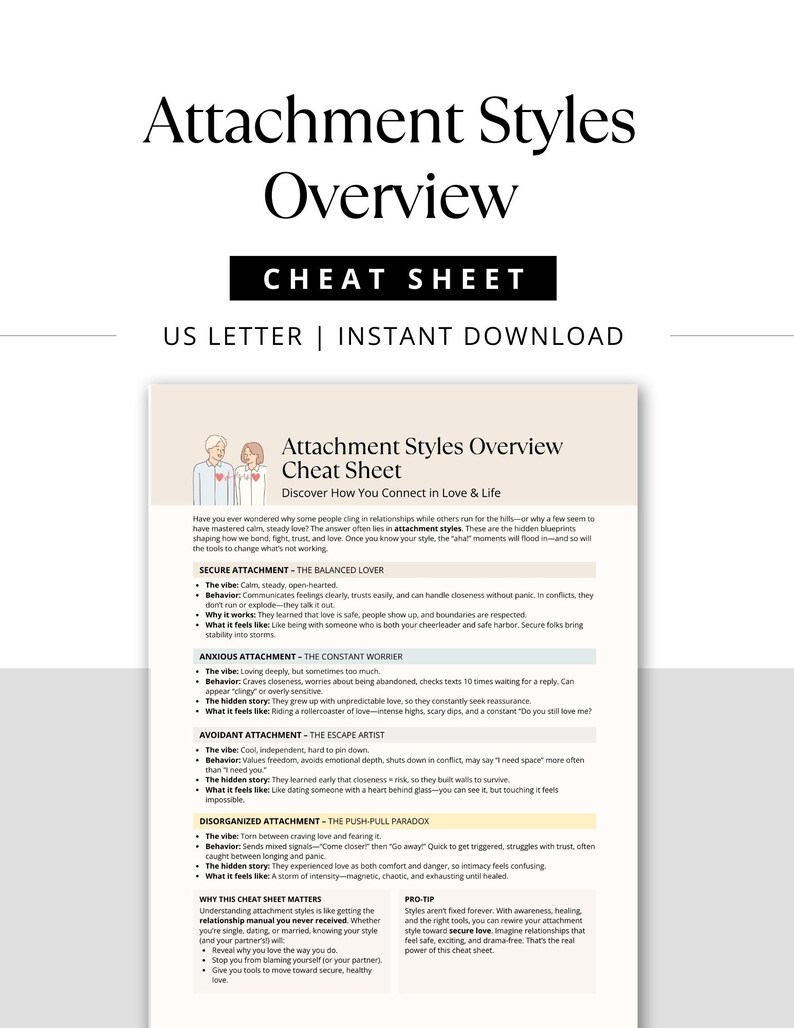 Modern product mockup featuring the title “Attachment Styles Overview Cheat Sheet” in bold black font with subtitle “US Letter | Instant Download” and a preview of the one-page PDF below.