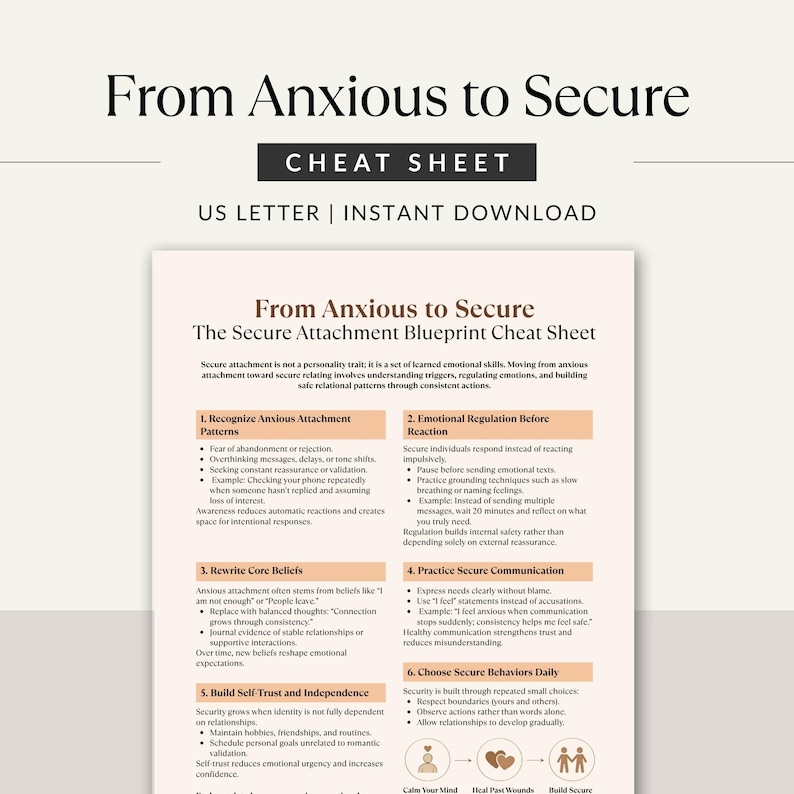 May include: A printable cheat sheet titled "From Anxious to Secure" with the subtitle "The Secure Attachment Blueprint Cheat Sheet." The document is on US Letter size paper and available for instant download. It features sections on attachment patterns and emotional regulation.