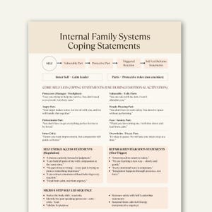 Puede incluir: Infografía beige y blanca titulada "Internal Family Systems Coping Statements". Describe declaraciones de afrontamiento autodirigidas, incluidas las de protectores, partes enojadas y perfeccionistas. También incluye declaraciones de reparación y reintegración.