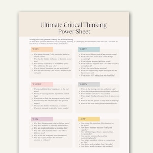 Puede incluir: Infografía en blanco y beige titulada "Ultimate Critical Thinking Power Sheet" con preguntas para ayudar a la resolución de problemas y la toma de decisiones. Las secciones incluyen: QUIÉN, QUÉ, DÓNDE, CUÁNDO, POR QUÉ y CÓMO.