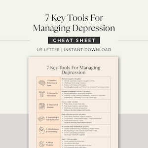 Depression management cheat sheet printable, US Letter PDF with title banner and mental health tools layout for mood support