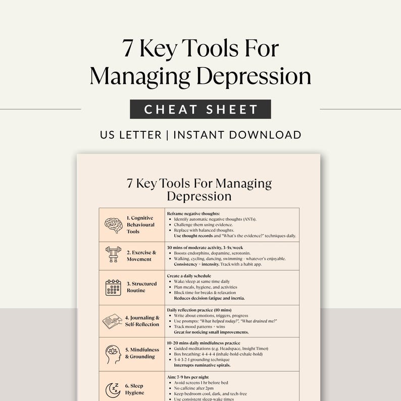 Depression management cheat sheet printable, US Letter PDF with title banner and mental health tools layout for mood support