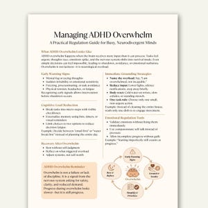 May include: A white paper titled "Managing ADHD Overwhelm" with text and graphics. The guide offers strategies for busy, neurodivergent minds, including early warning signs, cognitive load reduction, and emotional regulation tools.