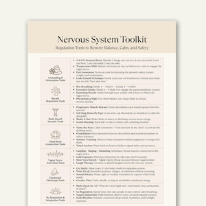 Puede incluir: Un documento en blanco titulado "Nervous System Toolkit" con herramientas de regulación para el equilibrio, la calma y la seguridad. El texto incluye herramientas de conexión a tierra, respiración, corporales, mente-cuerpo, nervio vago, descarga emocional y regulación.