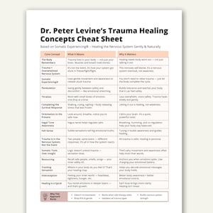 以下が含まれることがあります： 「Dr. Peter Levine's Trauma Healing Concepts Cheat Sheet」と題された白い紙。このドキュメントは、トラウマを理解するためのガイドであり、主要な概念、意味、およびそれらが重要な理由に関するセクションがあります。テキストは黒です。