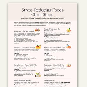Puede incluir: Una infografía blanca y marrón titulada "Stress-Reducing Foods Cheat Sheet" con consejos sobre nutrientes que calman el cortisol. Incluye secciones sobre magnesio, vitamina C, ácidos grasos omega-3, proteínas y grasas saludables.