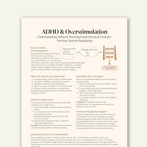 Könnte beinhalten: Ein weißes Papier mit dem Titel "ADHS & Überstimulation" und Text, der sensorische Überlastung und praktische Werkzeuge zur Regulierung des Nervensystems erklärt. Das Papier enthält Abschnitte zu Überstimulation, Anzeichen, Prävention und Reset-Strategien. Eine Grafik veranschaulicht den Prozess.